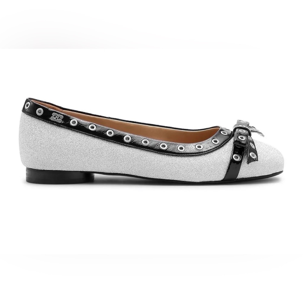 NIB: GANNI Silver Eyelet Bow Ballerina Flats, sz 39